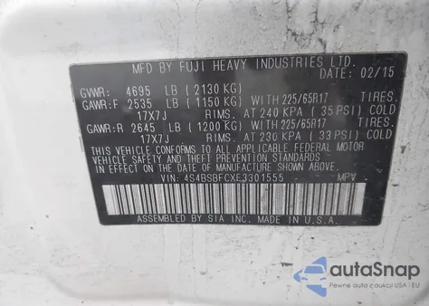 2015 Subaru Outback 2.5I Premium from USA, damaged, VIN 4S4BSBFCXF3301555